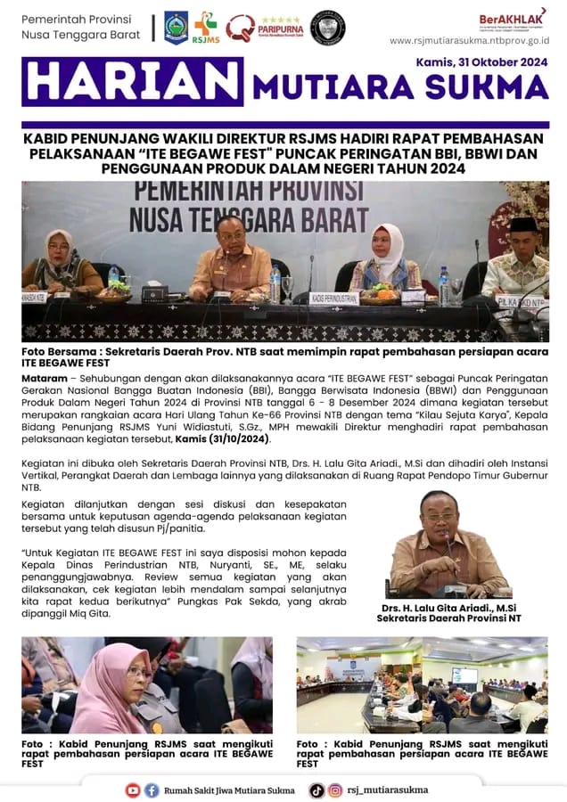 KABID PENUNJANG WAKILI DIREKTUR RSJMS HADIRI RAPAT PEMBAHASAN PELAKSANAAN " ITE BEGAWE FEST " PUNCAK PERINGATAN BBI, BBWI DAN PENGGUNAAN PRODUK DALAM NEGERI TAHUN 2024